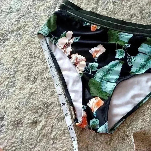 Shein Womens Black Floral 2 Piece One Shoulder Swimsuit L - Picture 8 of 16